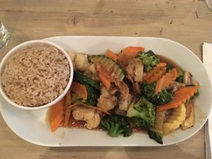 Vegetables teriyaki stir fry and brown rice. Delicious! at Red Bamboo in New York City