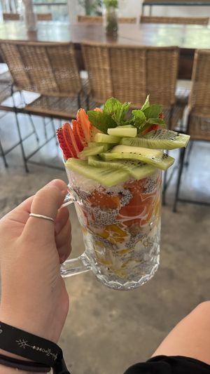 Chia pudding glass! Pretty good - add PB tho   at Earth Cafe in Santa Teresa