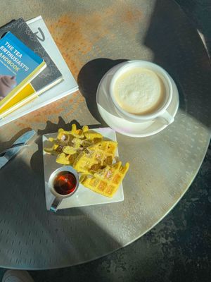 24.03.24 matcha waffle + oolong tea latte at Brooklyn Tea in Atlanta