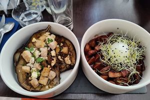 Oeufs en meurette & eggplant with tofu & feta at O-Berny in Lyon
