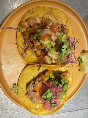 (Top) Tempe taco and (bottom) frijoles and vegan cheese taco  at Kitade Tacos  in Tokyo