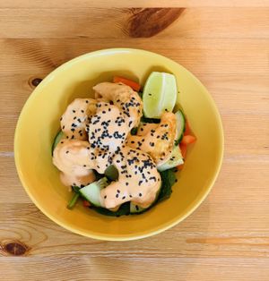  Vegan shrimp- lord knows how they do it. Try it to believe  at Vibes in Dorchester