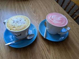 Turmeric and beetroot lattes at Vibes in Dorchester