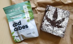 Gluten free dark chocolate brownie with CBD and CBD vegan cubes. at Kynd in Edinburgh