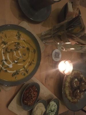 Soup, Mana‘s Mushroom, Dip Trio, Hot Chocolate   at Mana Food - Moabit in Berlin