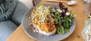 Spiced carrot (toasted sourdought topped with a baked carrot spread sprinkled with assorted spices (Fennel, cumin, walnuts) at Mana Food - Moabit in Berlin