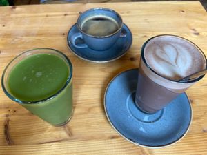 Iron booster smoothie, americano and chai chocolate. at Mana Food - Moabit in Berlin