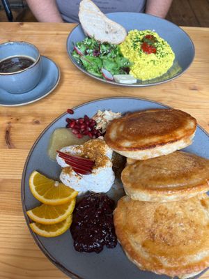 Pancakes and scrambled veggs. at Mana Food - Moabit in Berlin