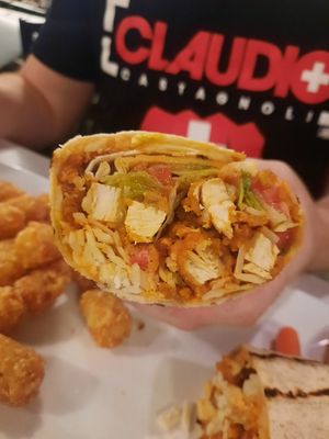 Closeup of vegan chicken wrap at Vey's Pub & Grille in Hermitage