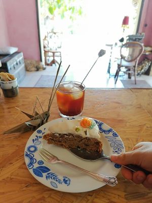 Vegan carrot cake and cold brew at Café Panchatantra in Mazunte