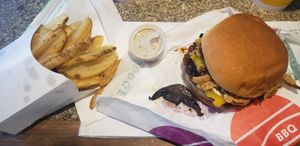 Chicken funguy sandwich with herb fries!  at PLNT Burger in Alexandria