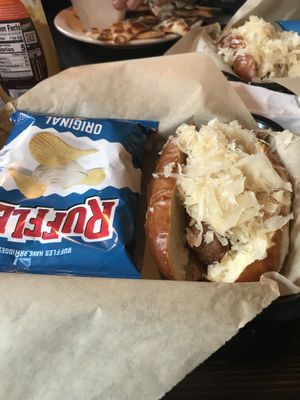 Bratwurst covered in Sauerkraut   at Cafe International in Helen