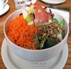 4 Seasons Salad with seasonal greens, shredded beets, carrots, apples & crunchy yuba strips w/dijon vinaigrette at Sacred Chow in New York City