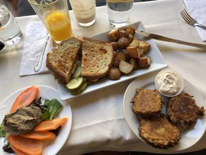 Pate, Reuben, latkes  at Sacred Chow in New York City