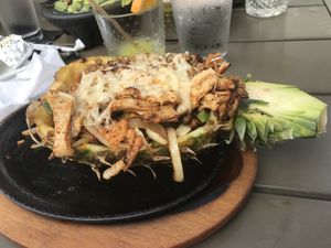 Vegan dinner fajitas in half a pineapple. at Pepe's Cantina in Clermont