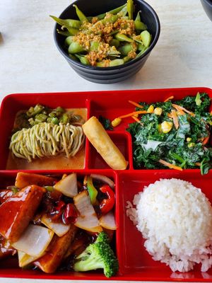 Bento box with general tso tofu as a main and a garlic edamame as an appetizer at Trendy Vegan in Houston