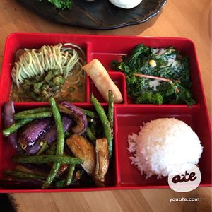 Eggplant and Green Bean Bento Box w/ Dan Dan Noodles and Wasabi-Kale Salad at Trendy Vegan in Houston
