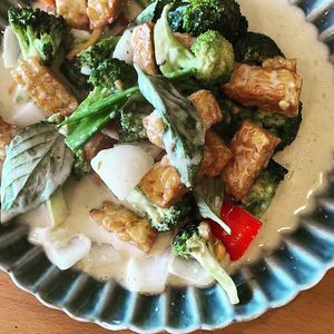 Get to try this tempehs dish. It’s with thai curry    at Trendy Vegan in Houston