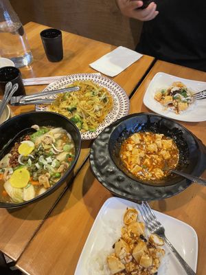 Udon (left), Singapore noodles (back), mapo tofu (right)   at Trendy Vegan in Houston
