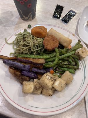 Vegan dinner buffet - dan dan noodle, string bean, eggplant, salt and pepper tofu  at Trendy Vegan in Houston