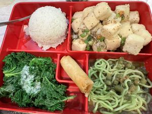 Bento box with salt and pepper tofu  at Trendy Vegan in Houston