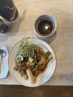 one of everything from the buffet- highlight was the garlic eggplant and the green beans.   at Trendy Vegan in Houston