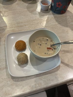 dessert options- sesame puff, pumpkin spice puff, and coconut milk boba. Delicious!  at Trendy Vegan in Houston