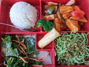 Bento Box with General Tso's Tofu at Trendy Vegan in Houston