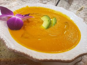 Vegan Tomato Carrot Soup at Harvest Kitchen & Bakery in Katy