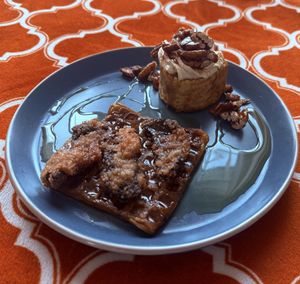 Magic Mushrooms & Waffle // Sweet Potato Cinnamon Roll (Vegan & GF!)  at Harvest Kitchen & Bakery in Katy