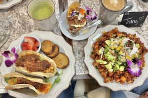Magic mushroom breakfast tacos, gluten free vegan carrot cake, mango fried cauliflower salad with vegan feta. Lavender matcha with coconut milk, mushroom latte with almond milk    at Harvest Kitchen & Bakery in Katy