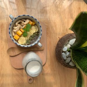 Healthy breakfast - oatmeal with nut milk  at Earth Cafe in Dong Hoi