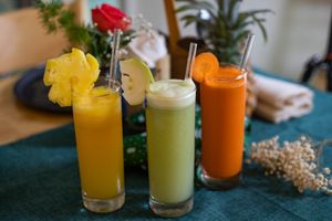 Fruit juices. Which color do u choose? at Earth Cafe in Dong Hoi