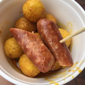 Vegetarian fish balls and sausage at Ah Sin Vegetarian in Kowloon