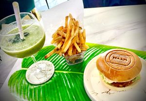Greens & Pineapple Smoothie, MAAD Vegan Chick'n Jerk, Peri Peri Fries with Spicy Mayo Sauce   at MAAD in South West London
