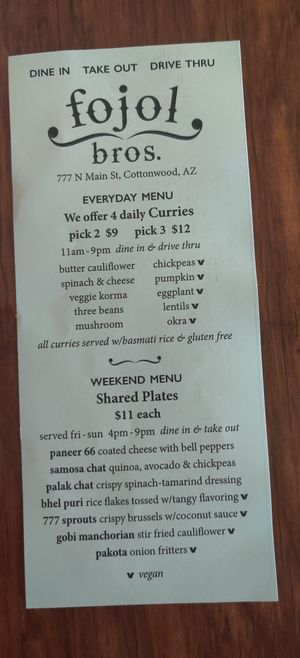 Menu at Fojol bros in Cottonwood