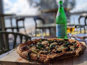 Grilled eggplant, zucchini, capsicum, spinach, tomato, artichoke,
mushrooms, olives, garlic, chilli and fior di latte (VO) at 8 at Trinity in Morisset Park