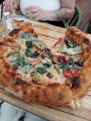 Vegetarian pizza with vegan cheese at 8 at Trinity in Morisset Park