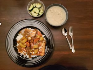 Tofu katsu with Japanese curry; cucumber salad; "clam" chowder at SoCo Vedge in Narragansett