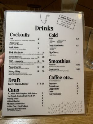 Drinks menu  at Burger Fiancé in Montreal