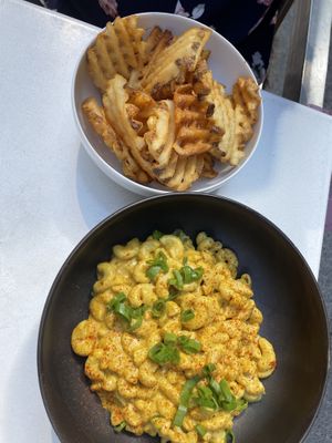 Waffle fries and Mac and Cheese  at Burger Fiancé in Montreal