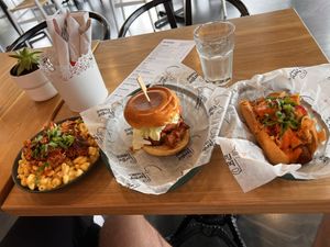 Pulled pork Mac and cheese, crispy chicken burger, kimchi dog  at Burger Fiancé in Montreal