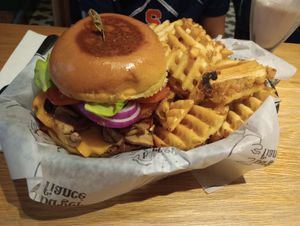 Burger fiance with impossible patty and waffle fries at Burger Fiancé in Montreal