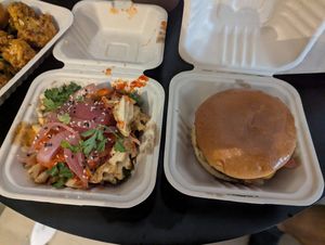 Burger w kimchi fries at Burger Fiancé in Montreal