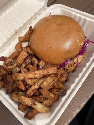 The pulled « pork » burger with fries   at Burger Fiancé in Montreal
