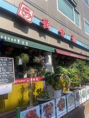 Signage outside. Menu photos are displayed (not vegan)  at Hwang-Geumlyong 황금룡 in Seoul