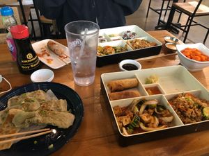 Amazing food! I got the teriyaki tofu and some vegetable gyoza and fried rice with no egg, 2 spring rolls and carrots! They do have vegan sushi but the one shown isn’t vegan!  at iEat in Johnson City