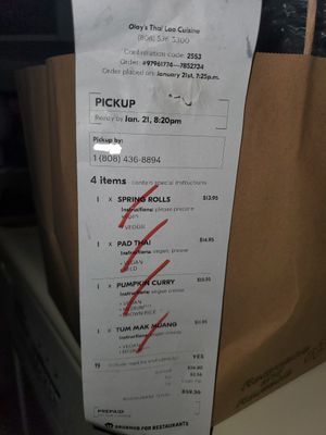 Special requests printed on receipt at Olay's Thai Lao Cuisine in Honolulu