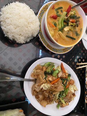 Vegan panang and pad seew  at Olay's Thai Lao Cuisine in Honolulu