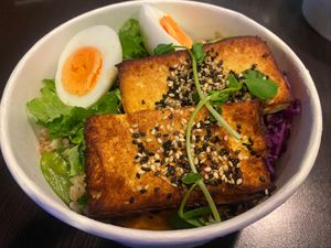 Good Protein Grain Bowl - the tofu was so delicious! On a bed of salad and farro. Easily omit egg for vegan    at Gonna 共樂遊 in Taipei